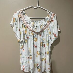 Maurices White Blouse with Yellow and Red Floral Pattern